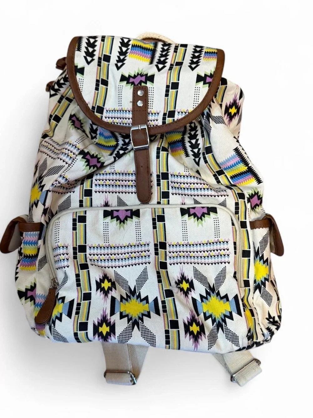 Patterned Canvas Backpack with Brown Trim - Cream Multicolor